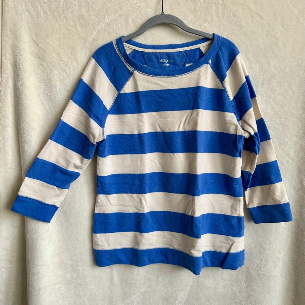 Merona Blue White Striped Crewneck 3/4 Sleeves Sweatshirt Size Large